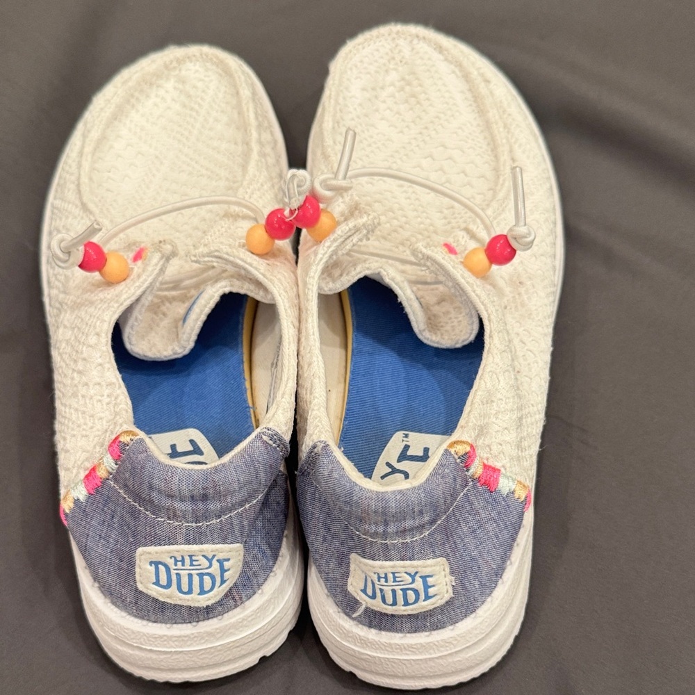 Hey Dude Kids White Sneakers with Blue Heel and Colorful Bead Accents